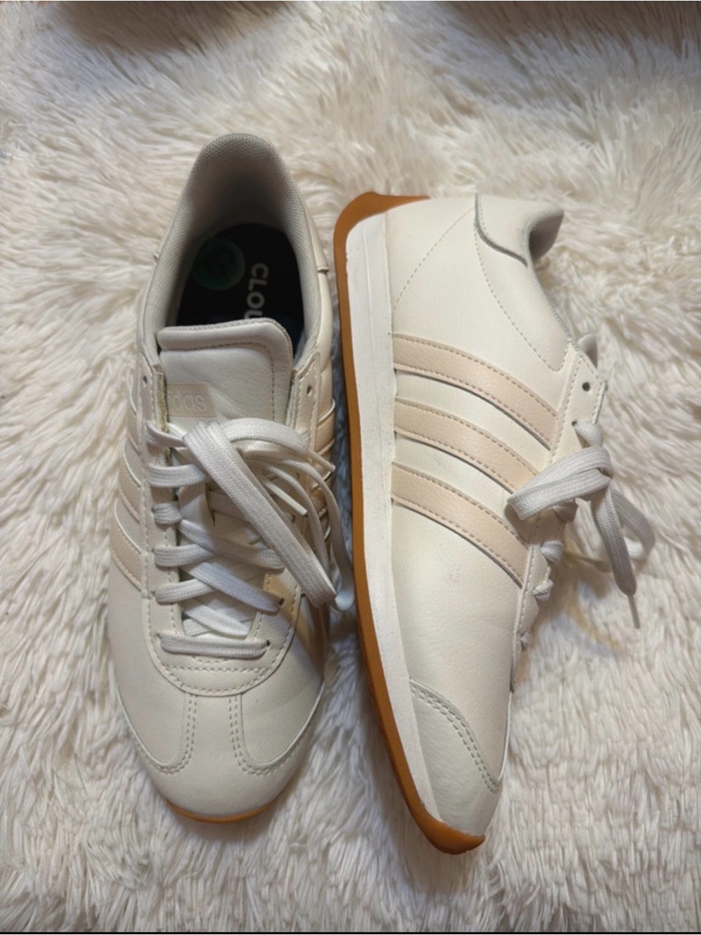 adidas women White Sneakers with Gum Sole and Cream Stripes